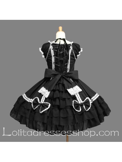 Black and White Cotton Scoop Lace Bow Gothic Lolita Dress