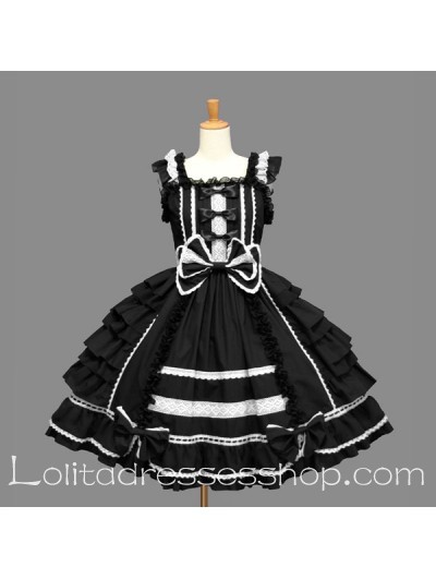 Balck Cotton Scoop Sleeveless Lace Bow Gothic Lolita Dress