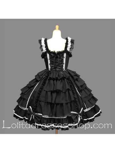Balck Cotton Scoop Sleeveless Lace Bow Gothic Lolita Dress