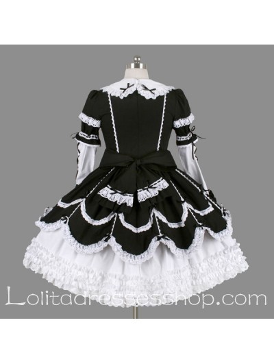 Black and White Cotton stand collar Gothic Lolita Dress