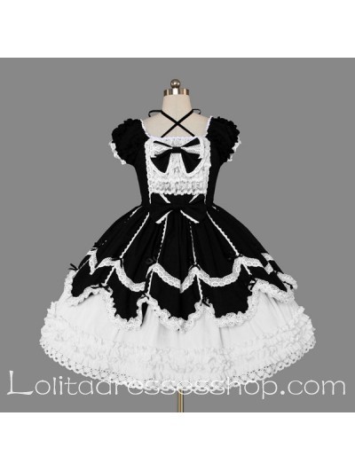 Black and WHite Scoop ribbon ties Gothic Lolita Dress
