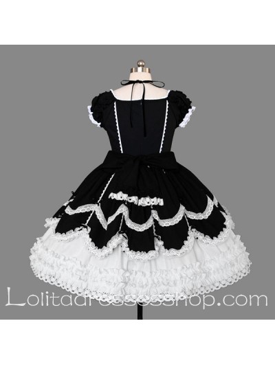 Black and WHite Scoop ribbon ties Gothic Lolita Dress