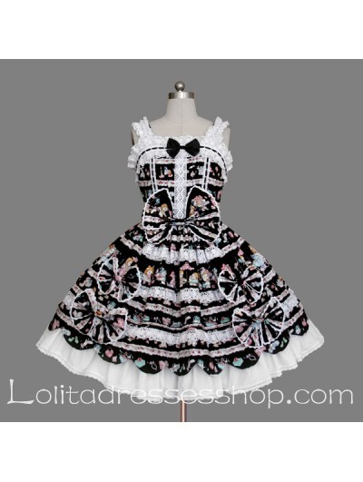 Black and White Cotton Scoop Sleeveless Floral Bow Gothic Lolita Dress