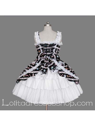 Black and White Cotton Scoop Sleeveless Floral Bow Gothic Lolita Dress
