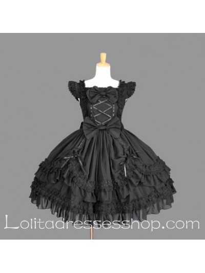 Short Black Cotton Scoop Cap Sleeves Bow Gothic Lolita Dress