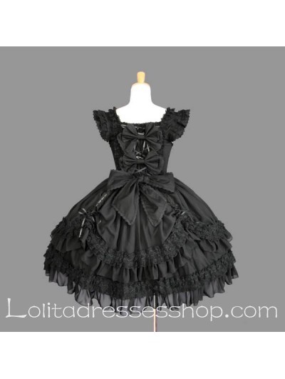 Short Black Cotton Scoop Cap Sleeves Bow Gothic Lolita Dress