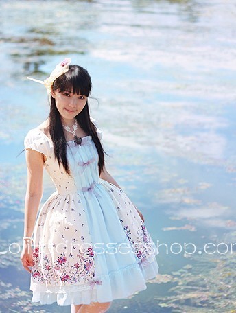 Sweet White And Blue Sky Knee-length Bowknot Lolita Dress