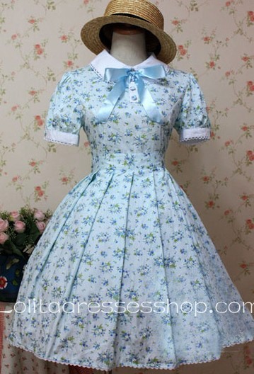 Blue Printed Flowers Cotton Short Sleeve Lolita Dress