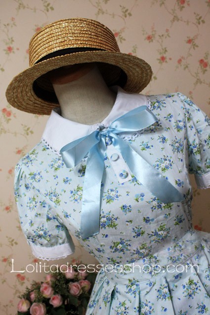 Blue Printed Flowers Cotton Short Sleeve Lolita Dress