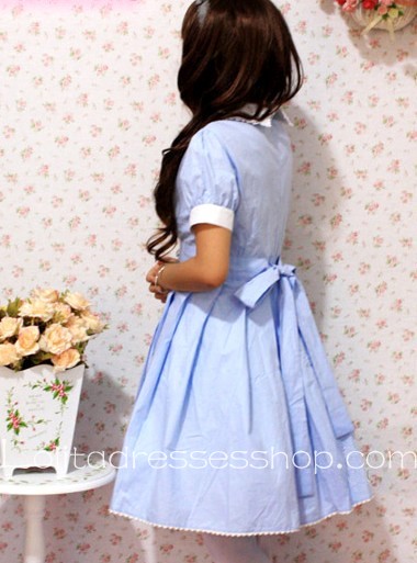 Blue Printed Flowers Cotton Short Sleeve Lolita Dress