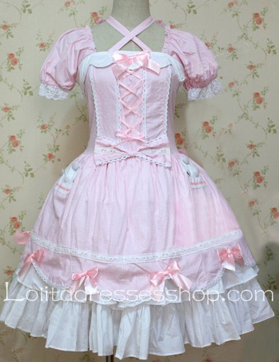 Sweet Pink Cotton Square-collar Short Sleeve Bows Lolita Dress