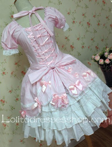 Sweet Pink Cotton Square-collar Short Sleeve Bows Lolita Dress