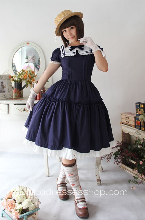 Early Summer Sailor Style Short Sleeve Cotton Lolita Dress