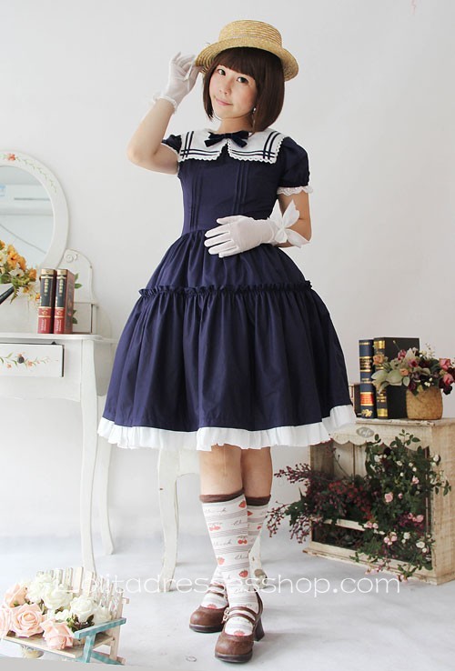 Early Summer Sailor Style Short Sleeve Cotton Lolita Dress