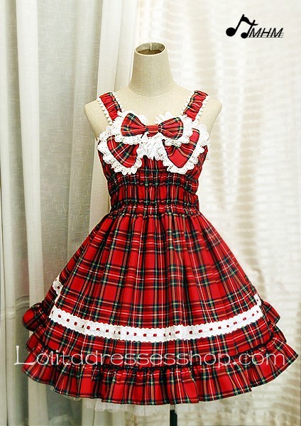 Red Black Cotton Gingham Straps Sleeveless Lolita Dress