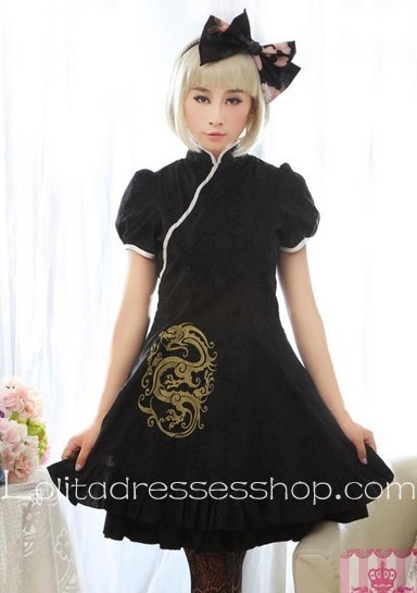 Cheongsam Style Embroidery Black Short Sleeve Lolita Dress