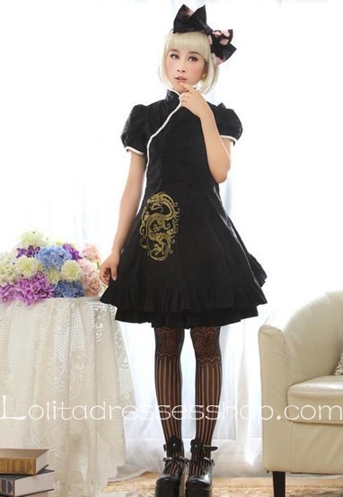 Cheongsam Style Embroidery Black Short Sleeve Lolita Dress