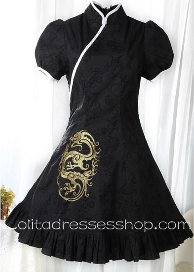 Cheongsam Style Embroidery Black Short Sleeve Lolita Dress