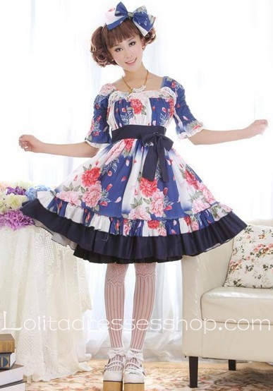 Skyblue Lace Square-collar Short Sleeve Floral Lolita Dress