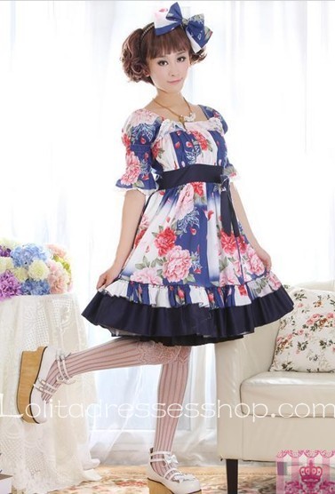 Skyblue Lace Square-collar Short Sleeve Floral Lolita Dress