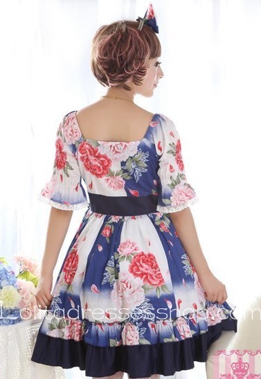 Cheap Skyblue Lace Square-collar Short Sleeve Floral Lolita Dress Sale ...