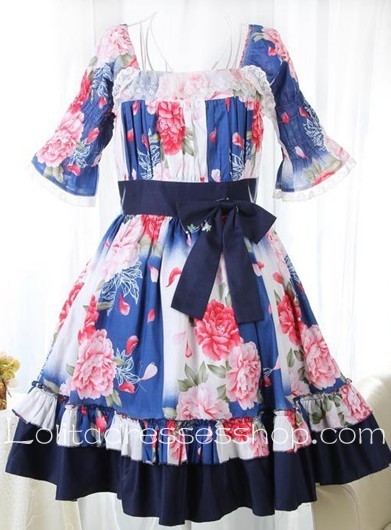 Skyblue Lace Square-collar Short Sleeve Floral Lolita Dress