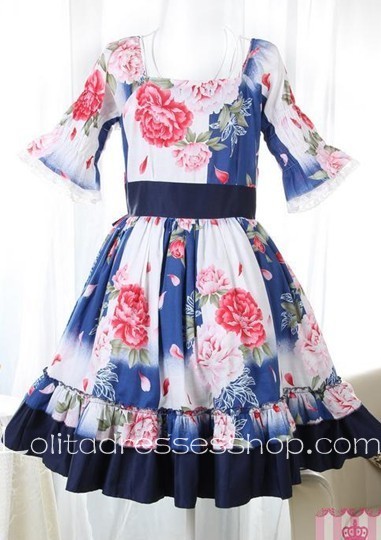 Skyblue Lace Square-collar Short Sleeve Floral Lolita Dress