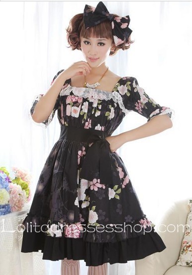 Black Lace Short Sleeve Floral Lolita Dress