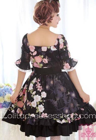 Black Lace Short Sleeve Floral Lolita Dress