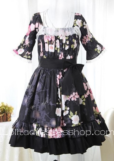 Black Lace Short Sleeve Floral Lolita Dress