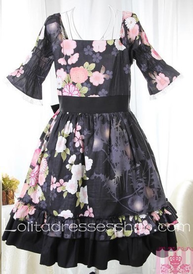 Black Lace Short Sleeve Floral Lolita Dress