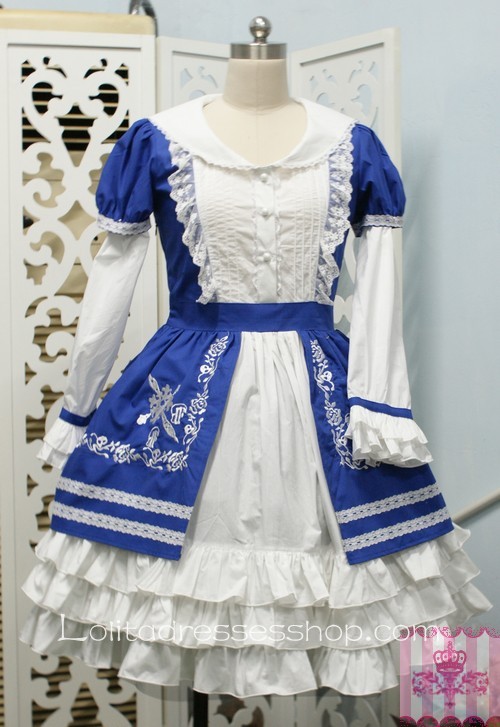 White and Blue Cotton Cross Rose Embroidery Sweet Lolita Dress