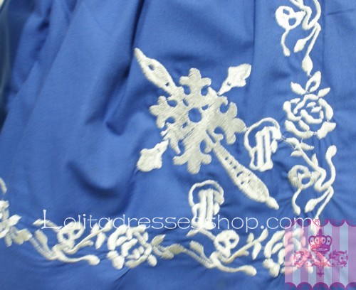 White and Blue Cotton Cross Rose Embroidery Sweet Lolita Dress