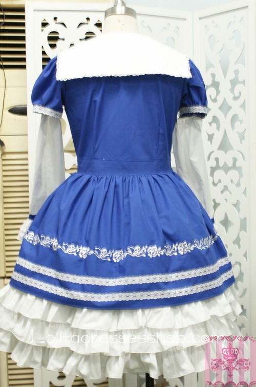 White and Blue Cotton Cross Rose Embroidery Sweet Lolita Dress