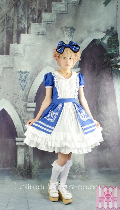 White and Blue Cotton Cross Rose Embroidery Sweet Lolita Dress