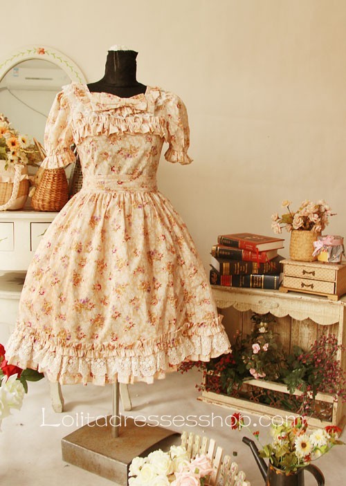 Light yellow floral printed cotton lolita dress