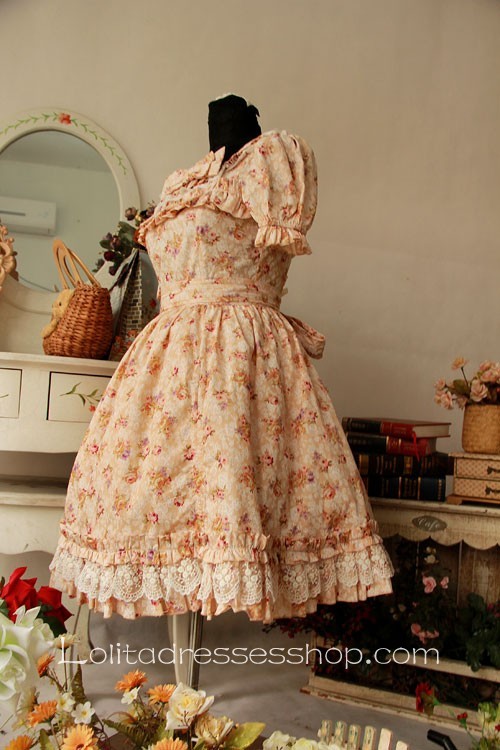 Light yellow floral printed cotton lolita dress