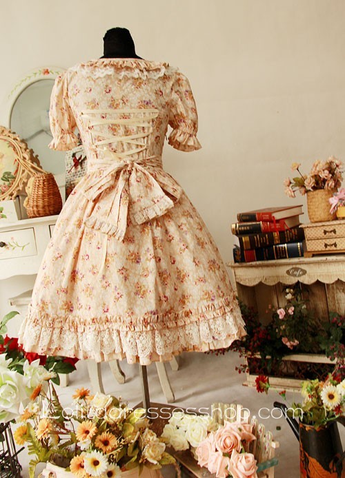 Light yellow floral printed cotton lolita dress