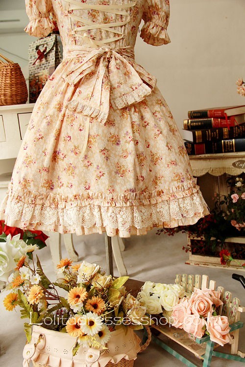 Light yellow floral printed cotton lolita dress