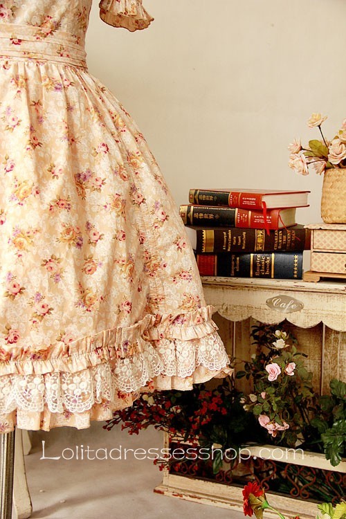 Light yellow floral printed cotton lolita dress