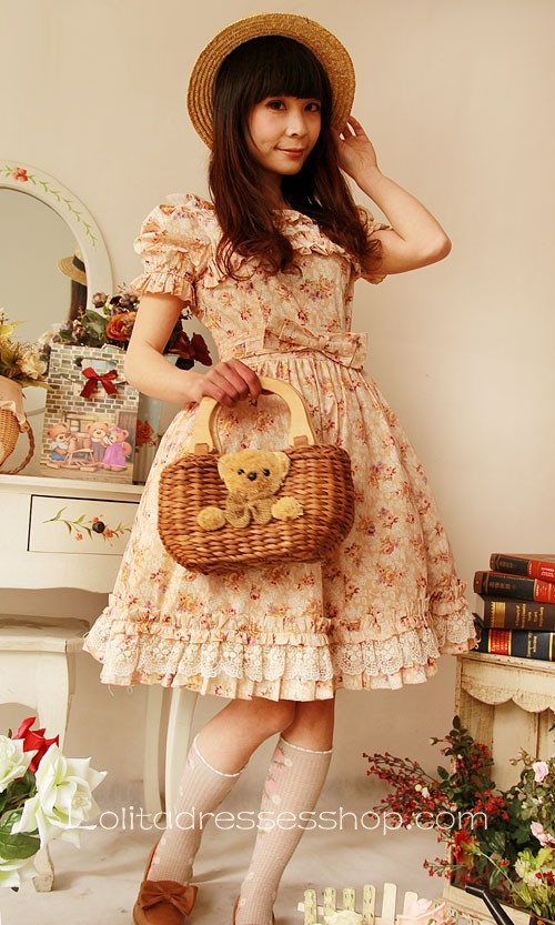 Light yellow floral printed cotton lolita dress