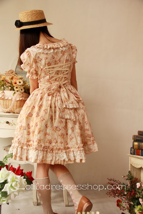 Light yellow floral printed cotton lolita dress