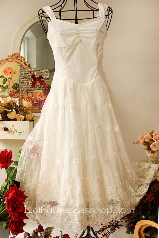 White Chiffon Sleeveless Ankle-length Embroidery Lolita Dress