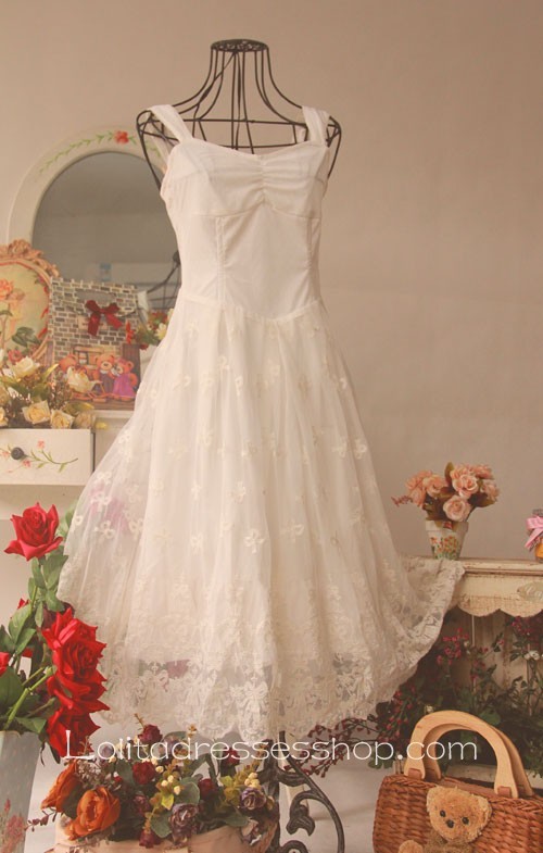 White Chiffon Sleeveless Ankle-length Embroidery Lolita Dress