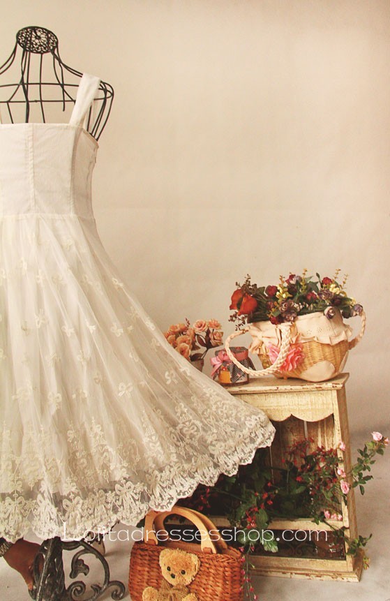 White Chiffon Sleeveless Ankle-length Embroidery Lolita Dress