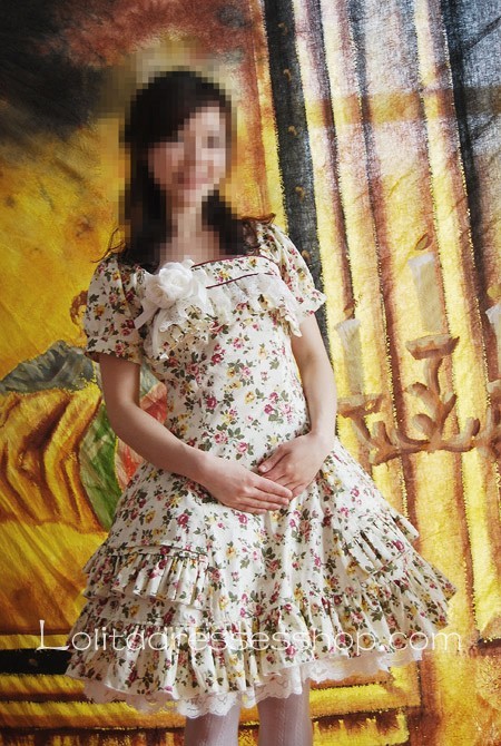 Light yellow Cotton Floral Prints Lolita Short Sleeves Dress