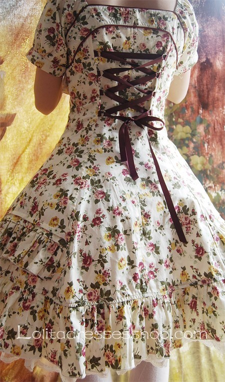 Light yellow Cotton Floral Prints Lolita Short Sleeves Dress
