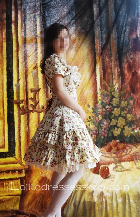 Light yellow Cotton Floral Prints Lolita Short Sleeves Dress