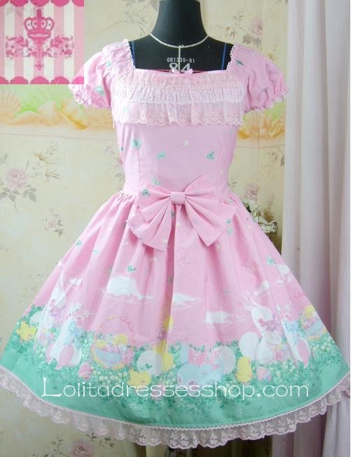 Pink Cotton Square-collar Short Sleeve Happy Garden Dress