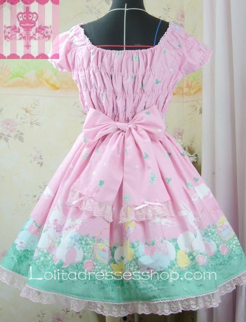 Pink Cotton Square-collar Short Sleeve Happy Garden Dress